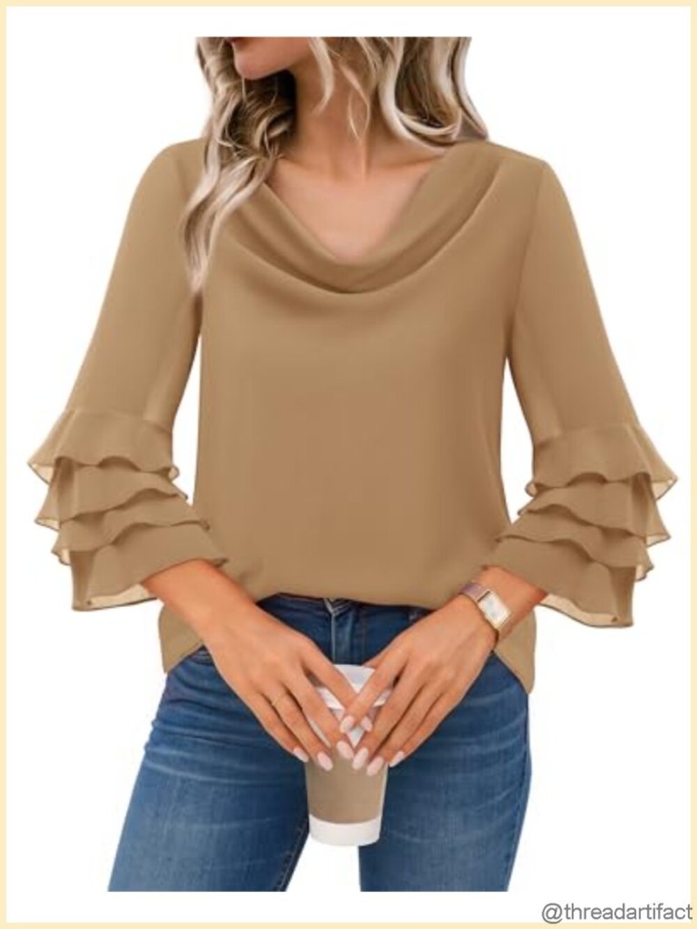Cowl Neck Ruffle Sleeve Chiffon Blouse for Women Dressy Casual Work Top